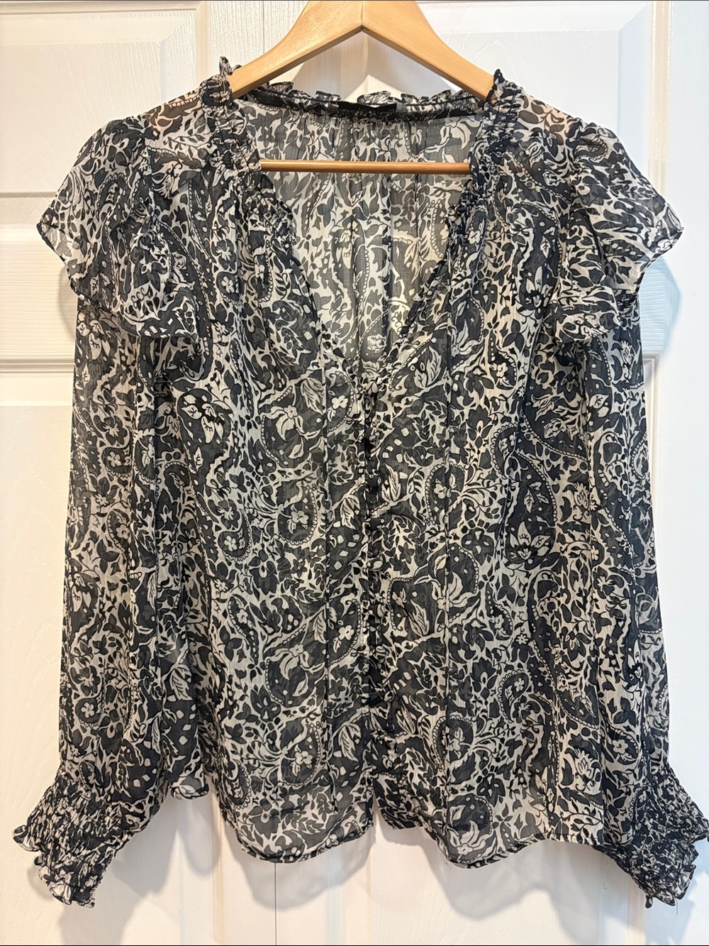 Mango Black White Sheer Floral Ruffle Blouse V Neck Long Sleeve